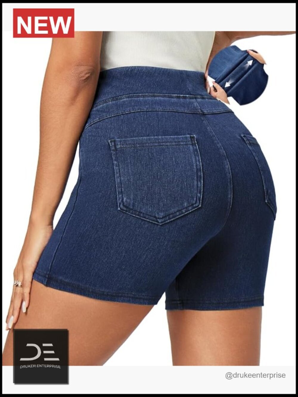 Stretchy High Waisted Pull On Jean Shorts with Pockets Summer Casual